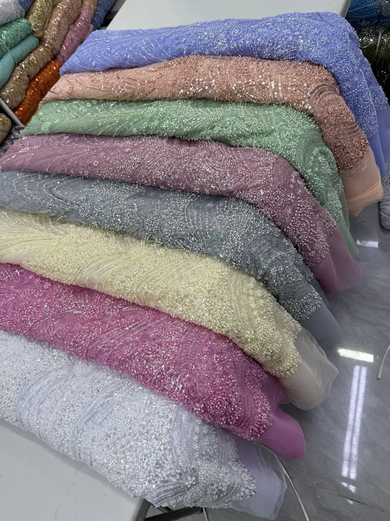 

High Quality African Nigerian Latest 2026 With Tulle Sewing Lace Fabric Guipure Embroidery Dresses Sequins Beads 5Yards DP0501