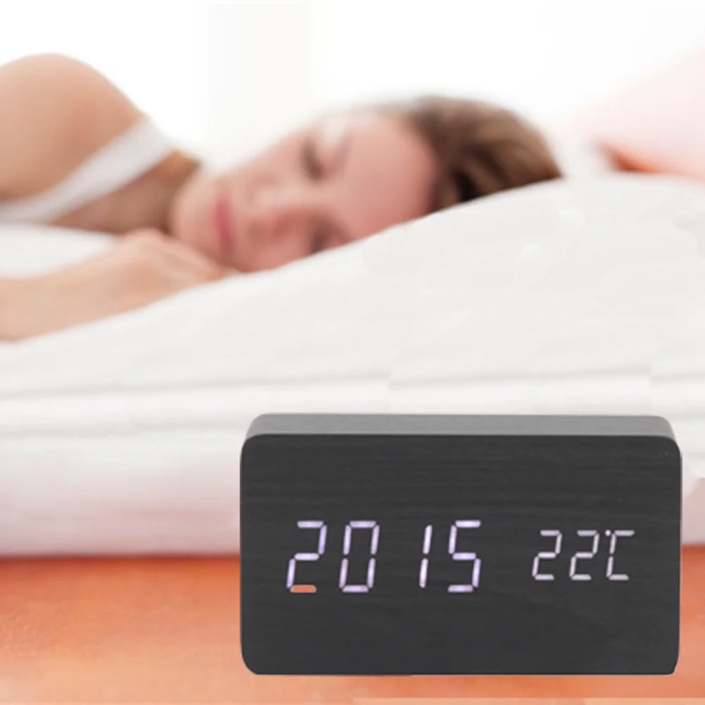 

Modern Wooden LED Alarm Clock Black Wood White Calendar Thermometer Voice Control Ecofriendly USB Powered Desk Table