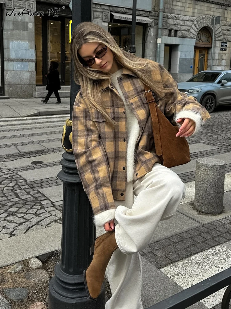 Mnealways18 Wool Warm Women Gingham Oversize Coats Street Style Lapel Pockets Long Sleeves Outwear Top Autumn Winter 2024 Office