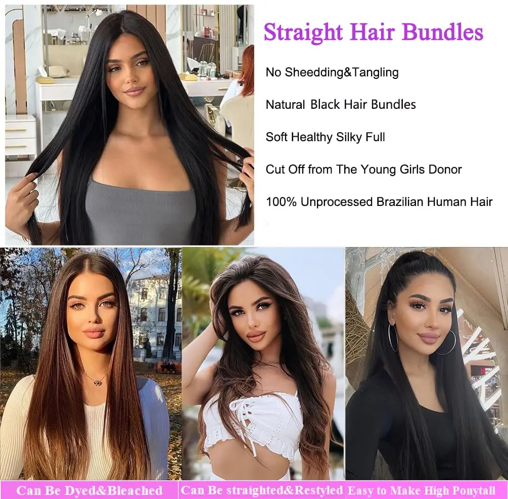 Bundles de cheveux humains raides brésiliens, Extensions de cheveux vierges non transformés, Richesse 100%, Promotion, Tissage bon marché, 30 po