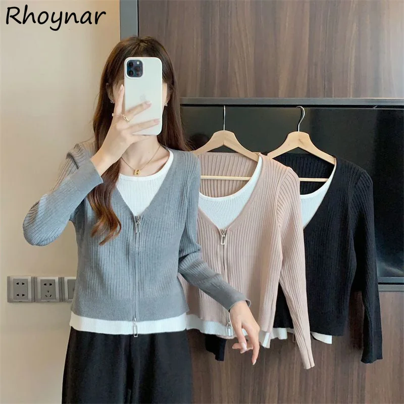 

Fake 2 Pcs Pullovers Women Loose Patchwork Simple Korean Style Comfortable New Designed Vintage Gentle Office Lady Harajuku Knit