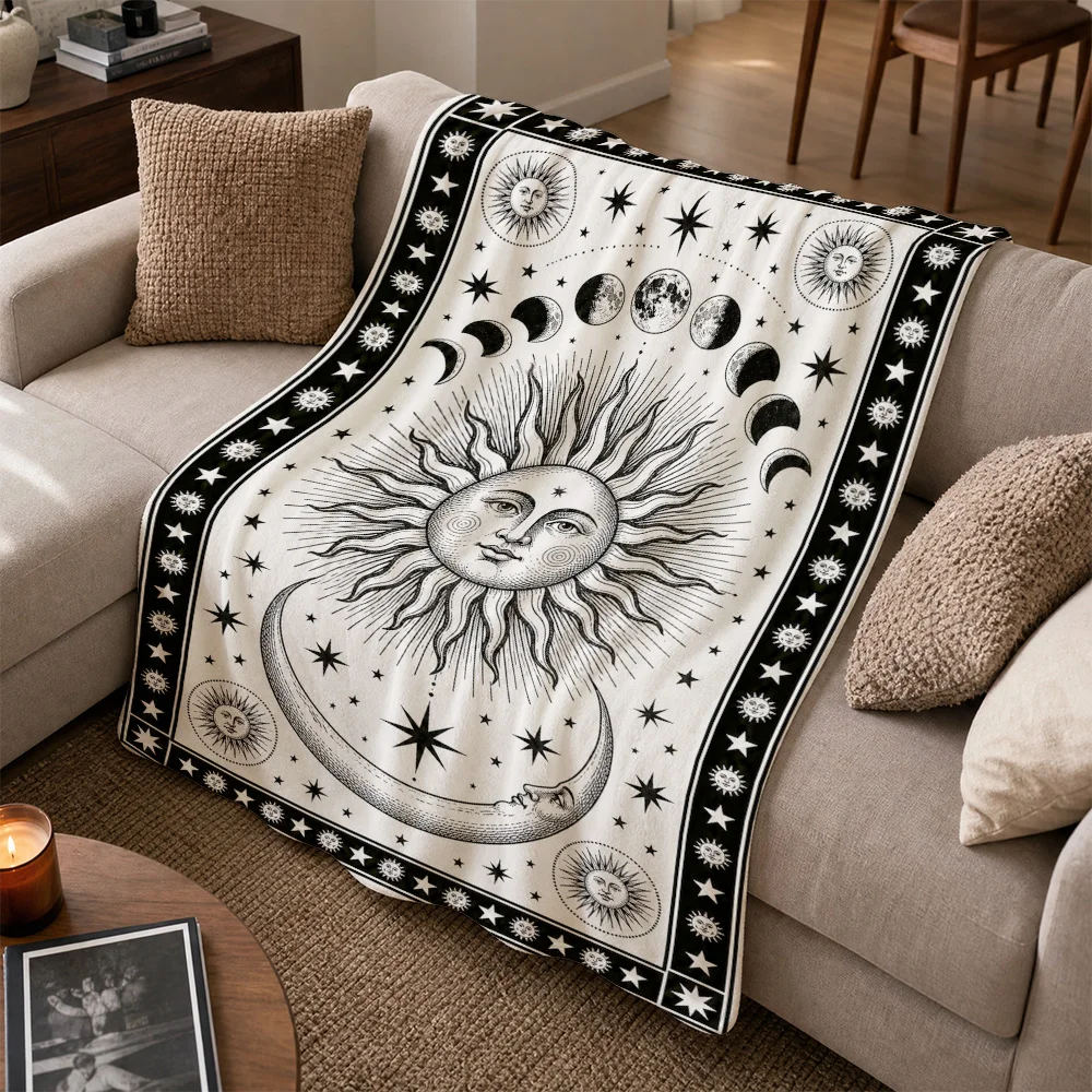 Boho Celestial Zodiac Throw Blanket Astrology Sun Moon Star Design Home Decor Witchy Gift Cozy Throw for Sofa Bed