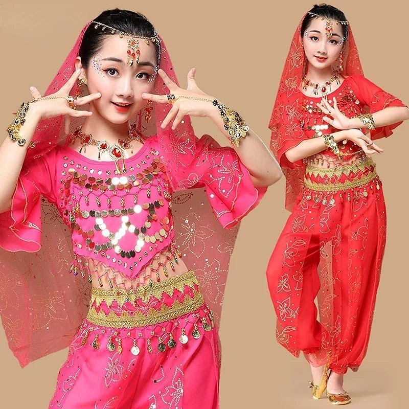 Ensemble de Costumes de danse du ventre pour enfants, robe indienne orientale pour filles, vêtements de danse indienne Bollywood, Costume de spectacle sur scène