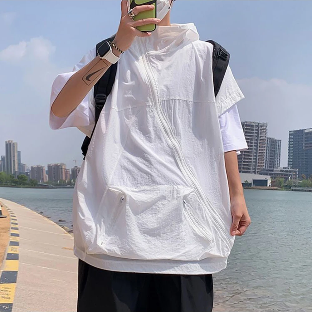 Mens Multifunction Ice Silk Diagonal Zipper Hooded Vest Summer Streetwear Fashion Youth Outdoor Versatile Windbreaker Vest 2026