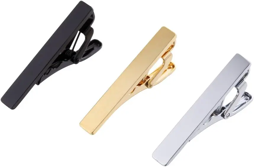 

Men's Skinny Tie Clip Set in Gold, Silver, Black - 3 Tone Colors, 1.5 Inches Wide