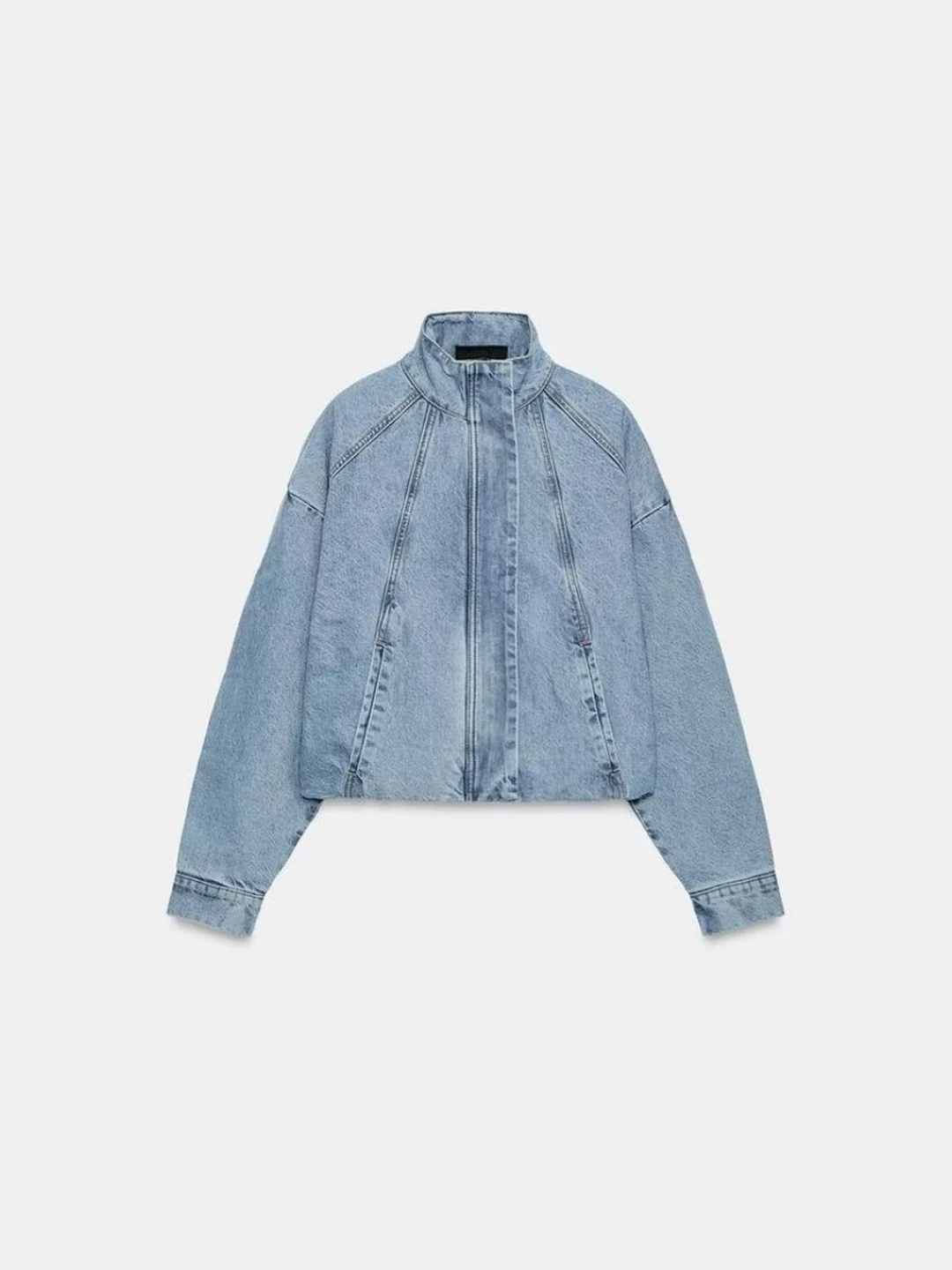 Retro Style Women's Denim Pilot Jacket with Vertical Line Decoration Stand Collar Coat Vintage Look Long Sleeve Short Length