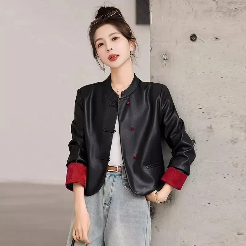 Korean New Women Spring Autumn Fashion Short Black Leather Jacket Female Top Grade Faux Leather Jacket Tops Large Size 4XL