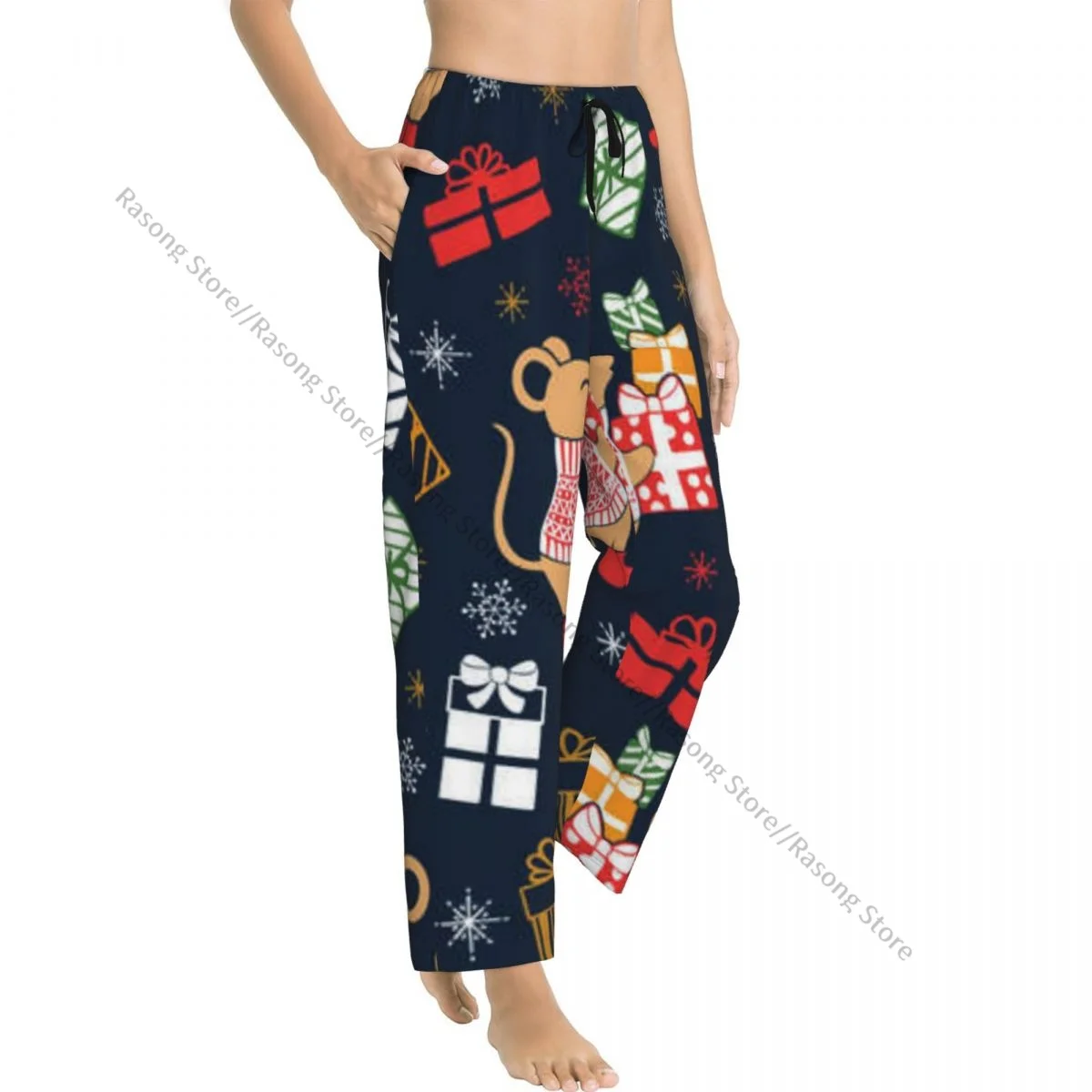 Women Lounge Pants Soft Christmas Cute Funny Mice Squirrels Illustration Pajama Pants Winter Sleepwear