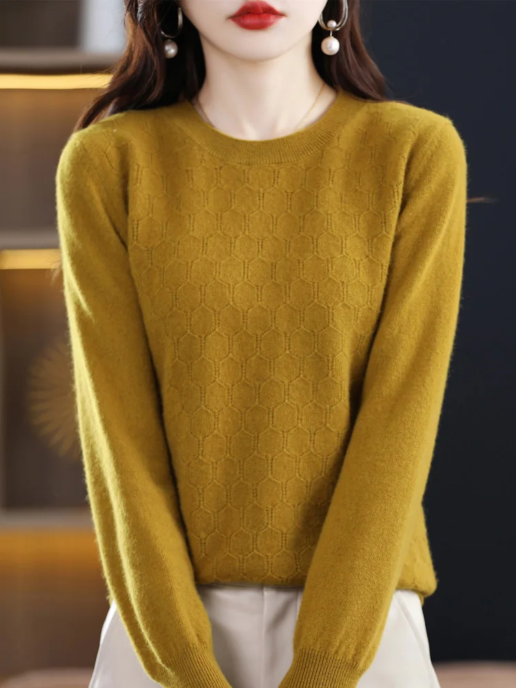 Spring Autumn 100% Pure Wool Sweater For Women O-neck Long Sleeved Cellular Hollow Out Solid Color Pullover Soft Basic Clothing