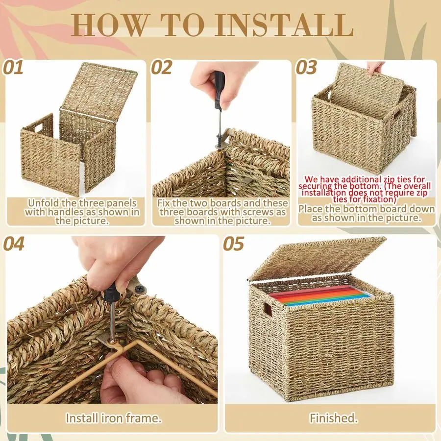 Organizadores de cajas de archivos de algas marinas, cestas de archivos decorativas para carpetas colgantes, archivador con tapa, documento plegable de tamaño carta