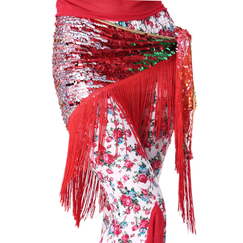 16 Colors Belly Dance Clothes Performance Accessories Long Tassel Triangle Belts Belly Dance Hip Scarf Sequin Hip Belt for Women