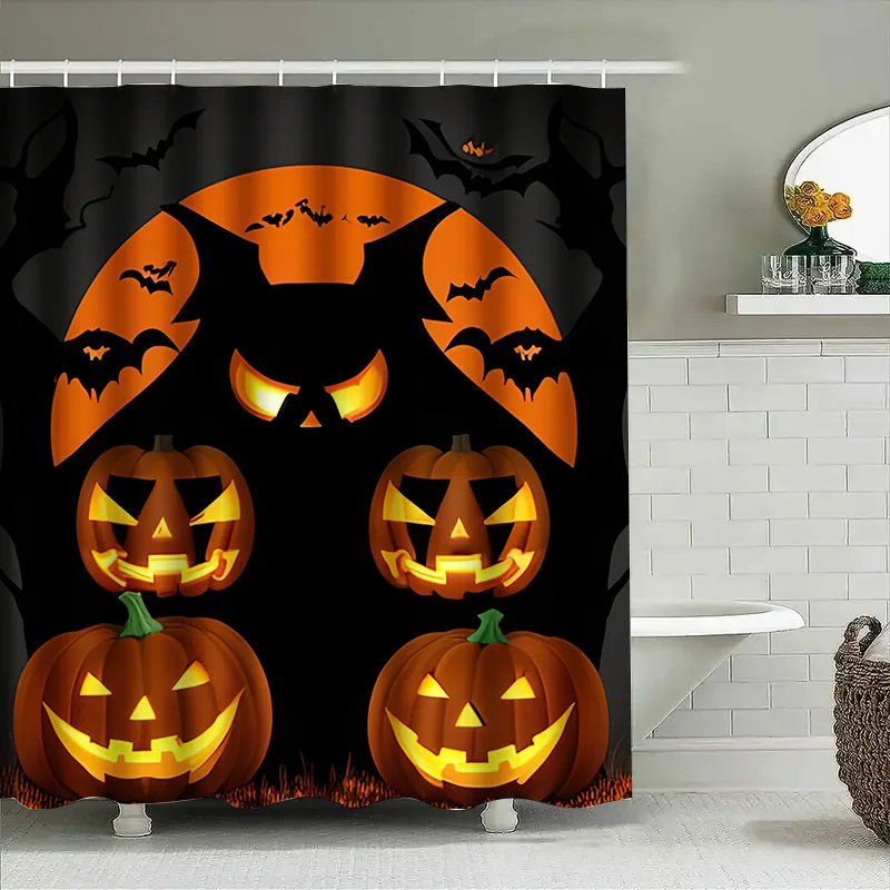 

1PCHalloween Pumpkin Bat Shower Curtain Spooky Orange Black Scary Decor for Bathroom Kids Room