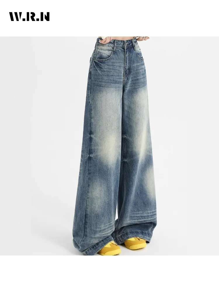 Casual minimalistische jaren 2000 denim broek dames vintage gewassen blauwe mop broek grunge straat retro hoge taille Y2K baggy jeans