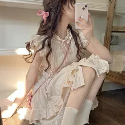 Summer Aesthetic Women Dresses Mori Girl Style Puffy Fly Sleeve Sweet Cute Loose Dress High Waist Fairy Apricot Long Women Dress