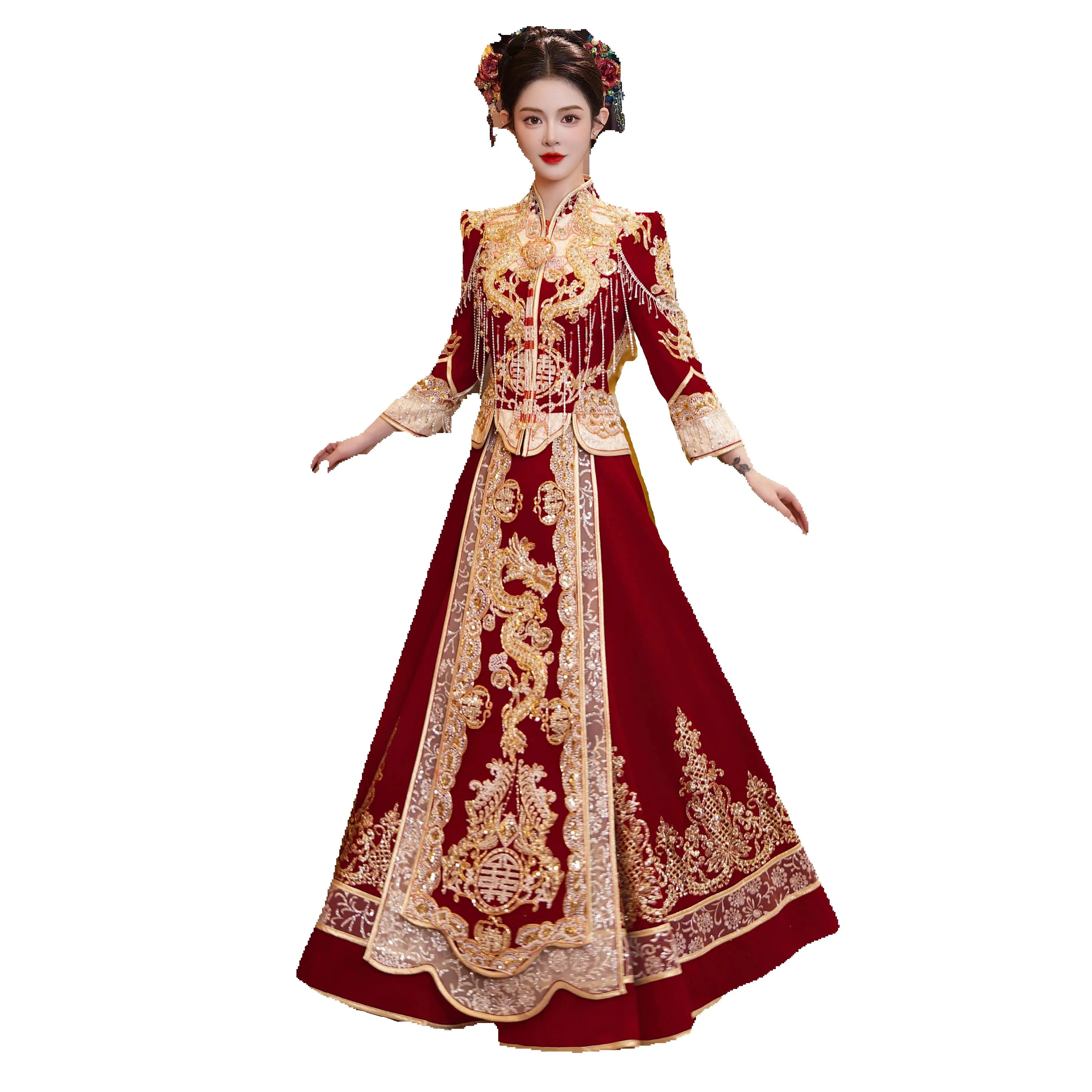 Engagement Gown Banquet Party Chinese Wedding Dress Classic East Asia Bride Red Cheongsam Oriental Attire CT070