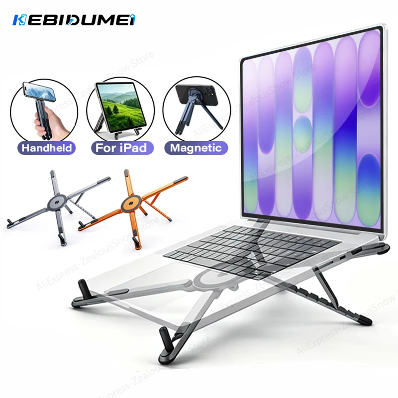 KEBIDUMEI Foldable Magnetic Stand Portable Adjustable Angle Aluminum Alloy Holder Plastic Desk Stand for Phone Tablet Laptop