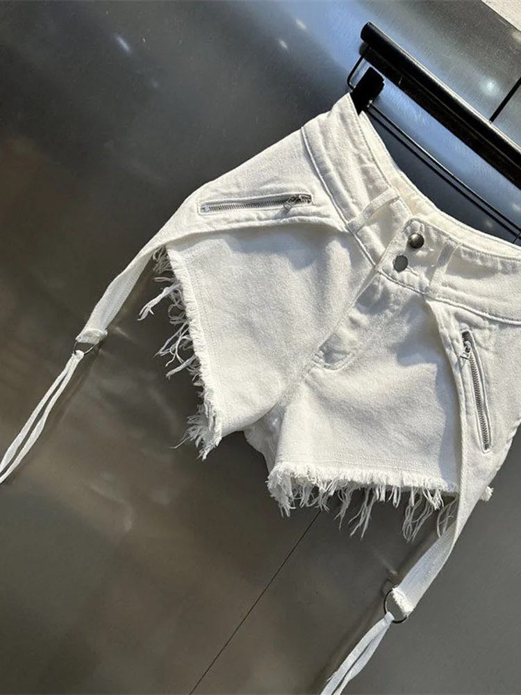 Irregular White Raw Edge Denim Shorts 2026 Women's New Streetwear High Waist A-Line Hot Pants Chic Retro Zippers Design Shorts