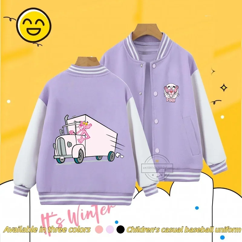 Pink Panther Anime Boys' and Girls' Baseball Jackets, Casual Fashion Sports Cardigan Sweatshirt, 3-14 Years Old, Autumn