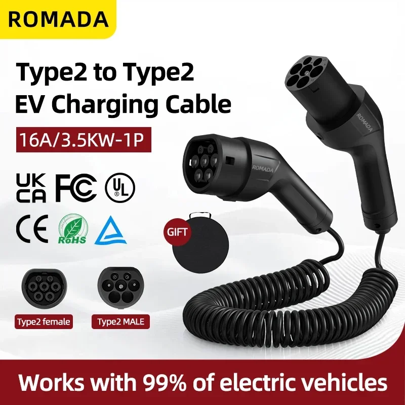 

16A 3.5KW Type 2 to Type 2 Portable EV Charging Cable, 5M IEC62196 EVSE Extension Cord for Electric Vehicle, One Phase with TUV