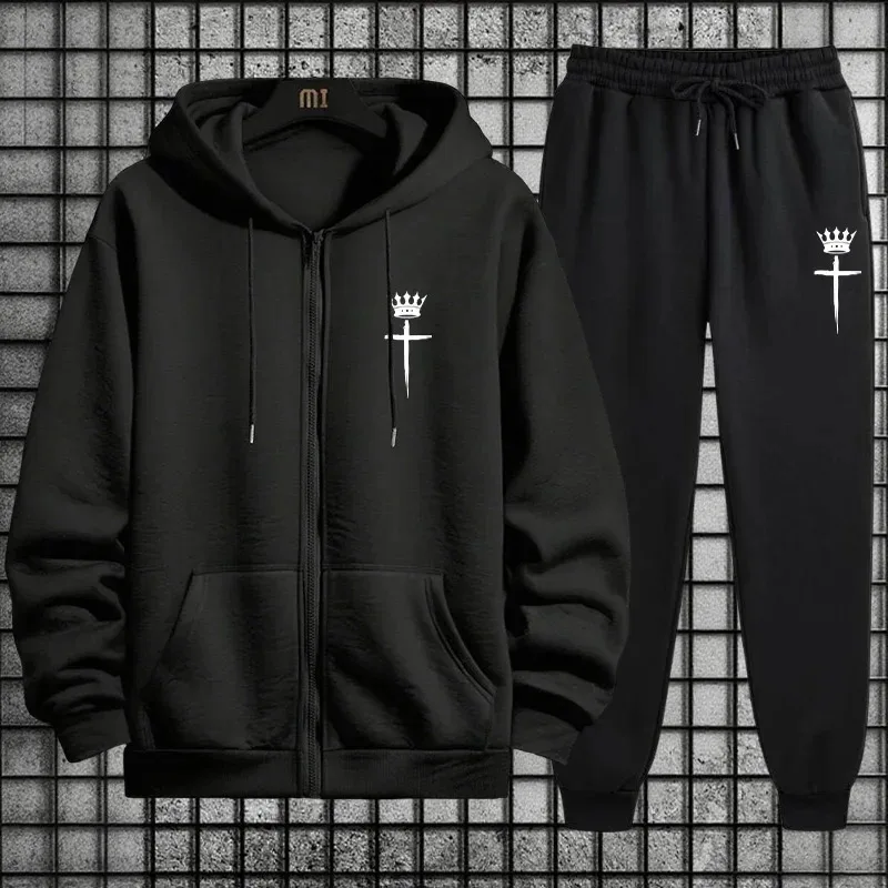 Fall/Winter Casual Sportswear  Men's Two-Piece Set  Zippered Hooded Sweatshirt and Athletic Pants  Sport Set