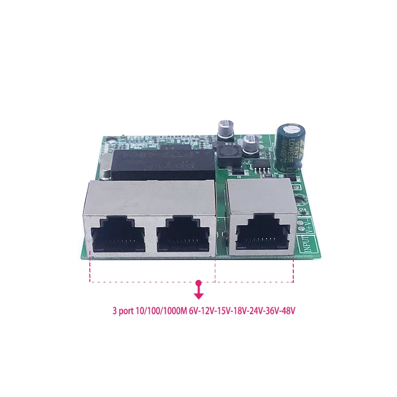 Le module POEShort Gigabit à 3 ports est largement utilisé dans la ligne LED, 3 ports, 10 m, 100 m, 1000m de contact, mini module de commutation PCBA