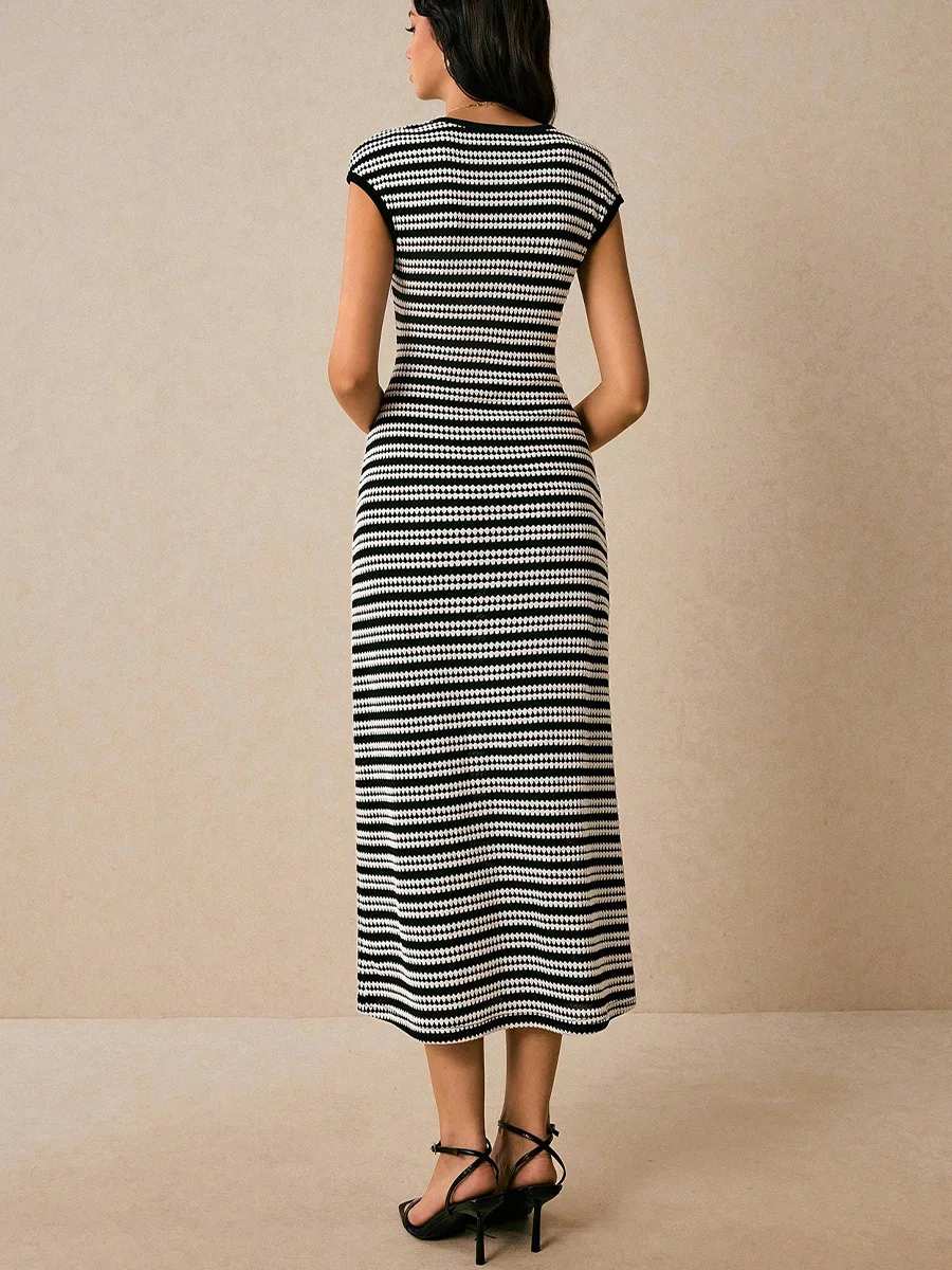 2026 Summer New Stripe Knitted Dress Sleeveless Slim One Step Skirt Medium Long Women's Fashion Elegant temperament Dress