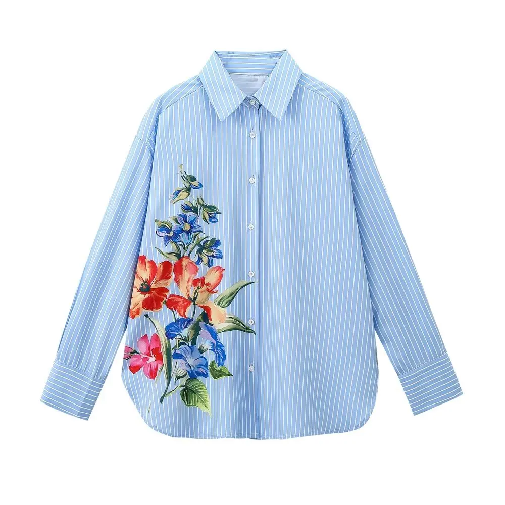 Tangada 2024 Women Flowers Striped Shirt Long Sleeve Chic Female Loose Shirt Tops 6H330