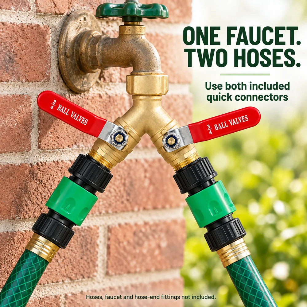 Zoe Garden Hose Splitter 2 Way Metal Y Connector With Independent Shut Off Valves Swivel Inlet And Quick Connect Fittings For Outdoor Faucet Lawn Watering Irrigation And Car Washing
