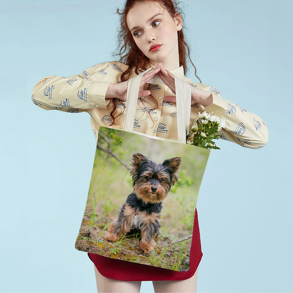 Fashion MINI Yorkshire Dog Canvas Student Lady Shopping Handbag Reusable Double Print Cute Pet Animal Casual Tote Bag for Women