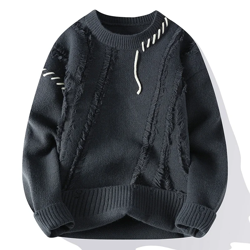 Autumn Winter Warm Mens Knitted Sweaters Fashion Patchwork O Neck Knit Pullovers Korean Streetwear Pullover Casual Mens Clothing