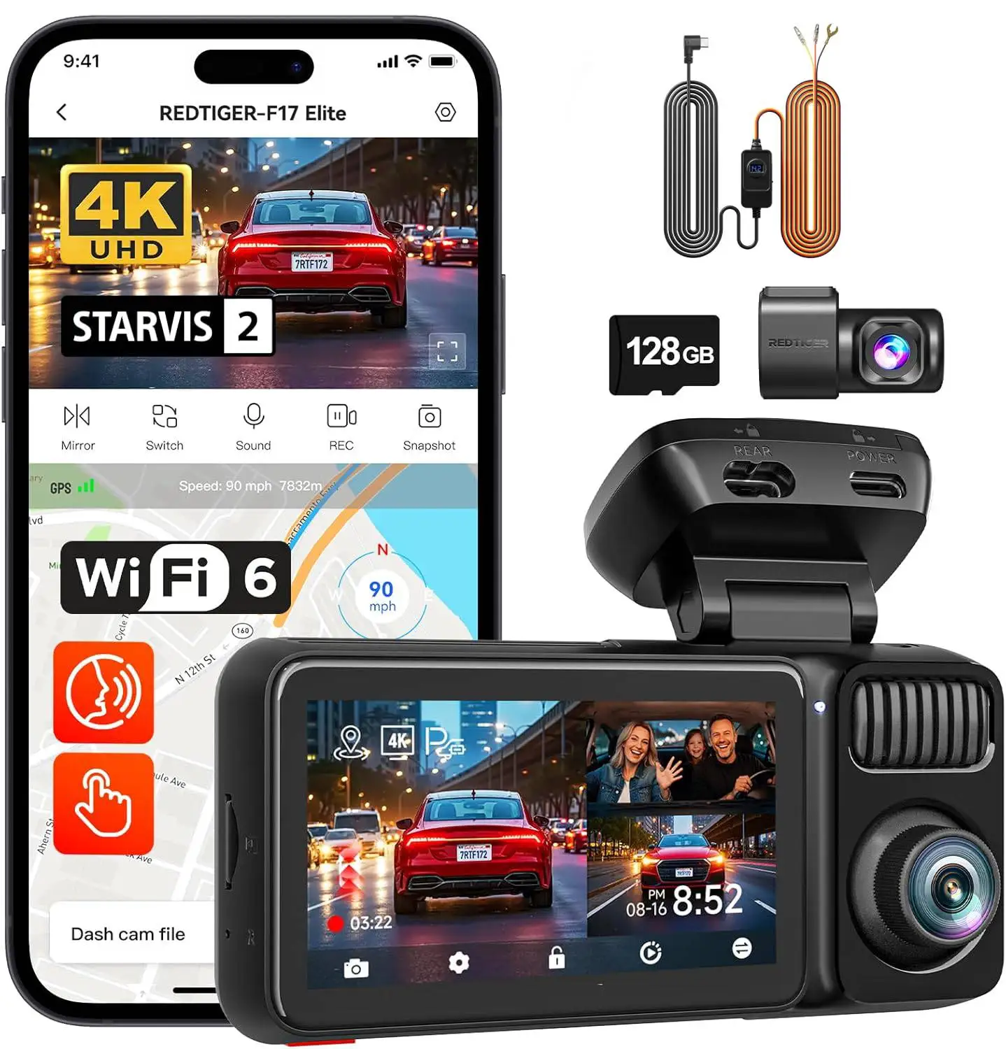 REDTIGER F17 Elite 4K 3-kanaals dashcamera 5,8 Ghz Wifi 6 volledige nachtkleurenaanraakscherm Spraakbesturing Autocamera's 128 GB kaart HDR