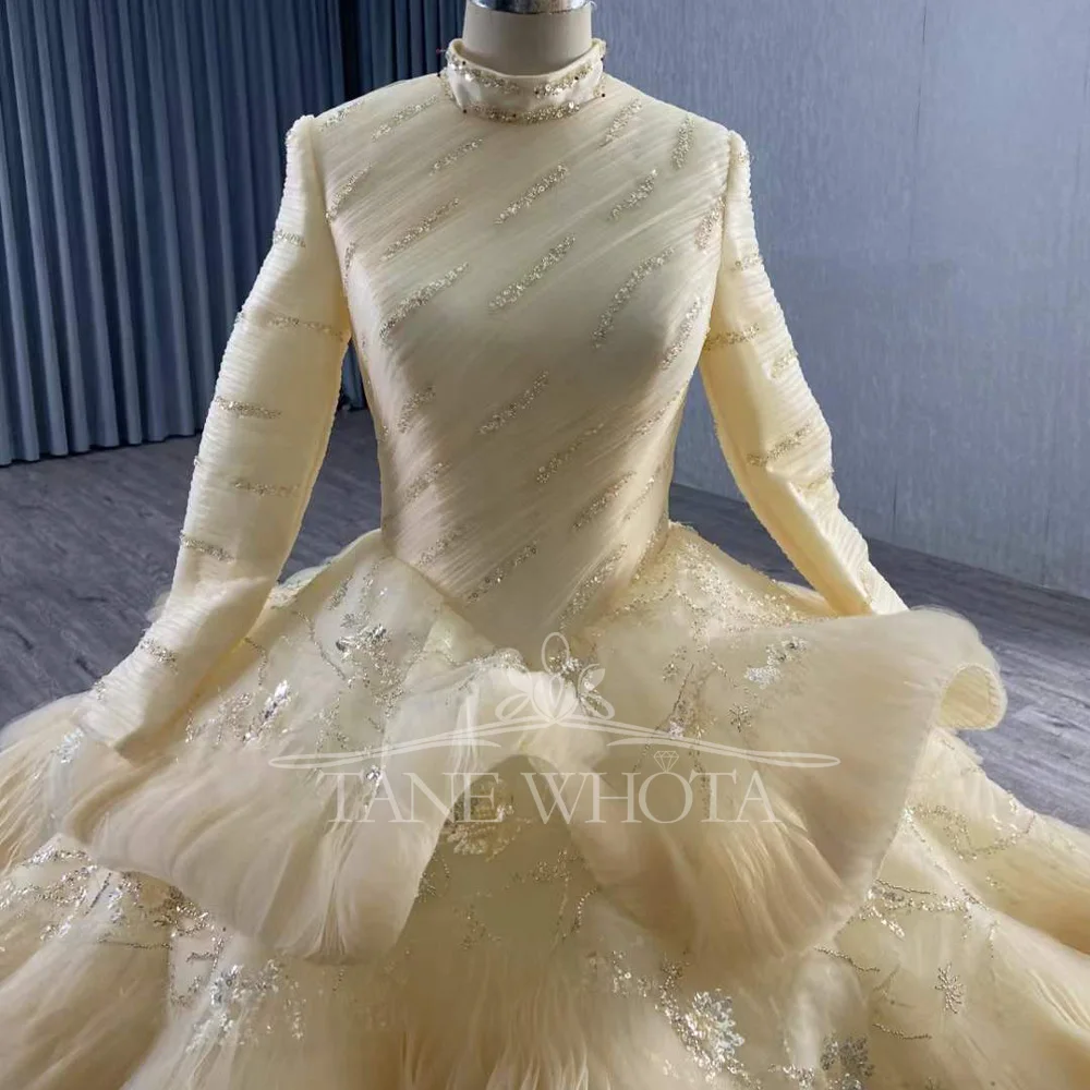 

Роскошное желтое мусульманское вечернее платье с высоким и длинным рукавом 2025, расшитое блестками, на шнуровке сзади, многоуровневое настраиваемое платье для выпускного вечера De Soirée