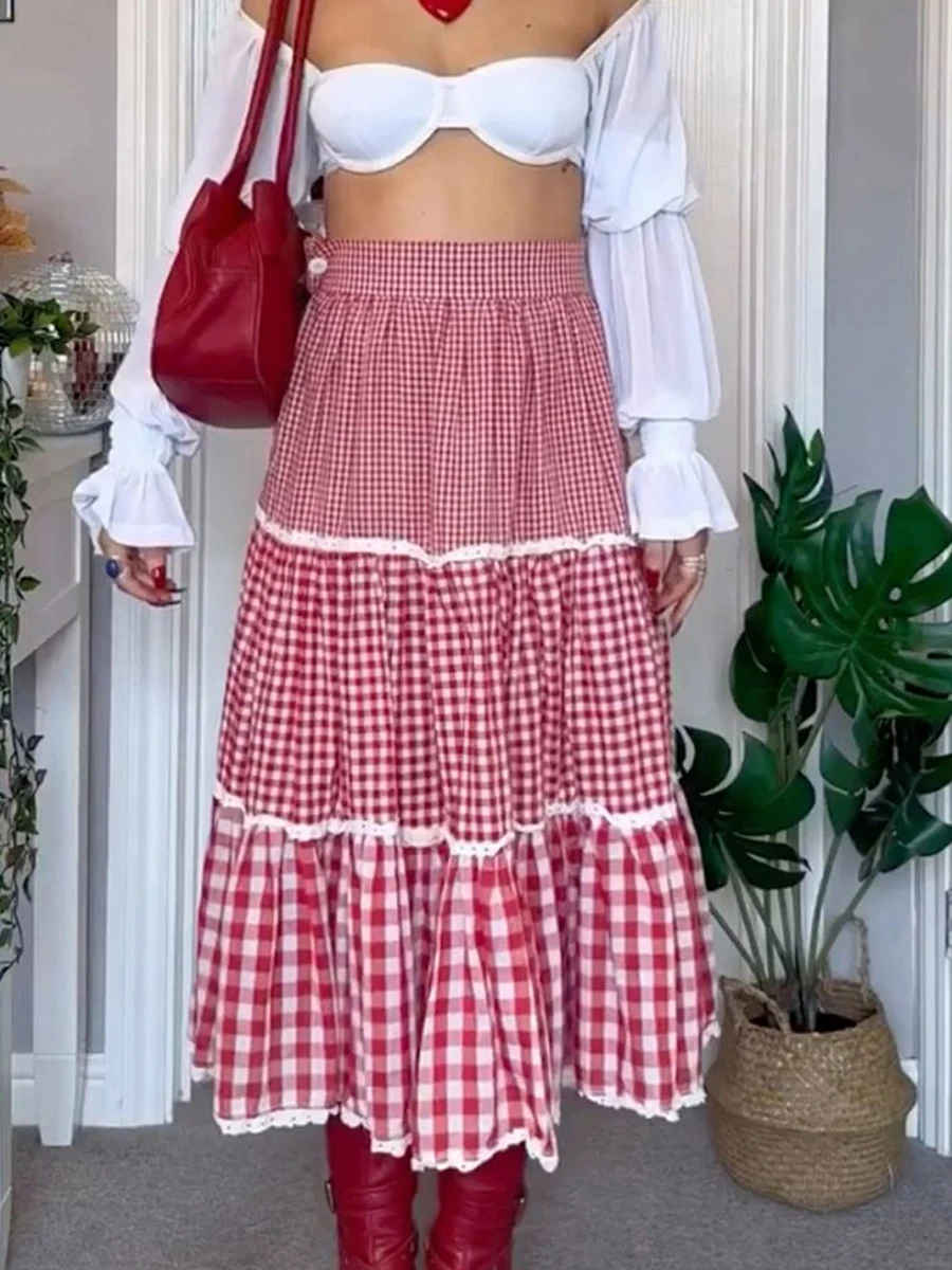 

Womens Plaid Print Long Skirt Red Ruffles Flared Elastic Waist High Waist Skirts