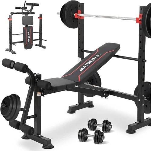 Stand Weight Bench Set with Leg Extension and Leg Curl, Adjustable Bench PrSet with Squat Rack, oldable lat Incline Decline Work