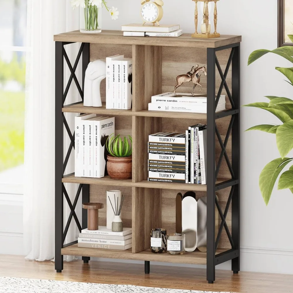 

Rustic 6 Cube Storage Organizer Shelf, Wood and Metal Cubby Bookcase, Industrial 4 Tier Cube Bookshelf (Rustic Oak)