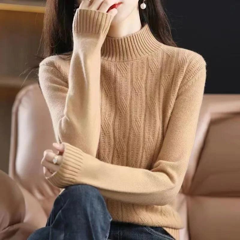Suéter grueso y cálido para mujer, suéter de Cachemira de Cuello medio alto, coreano, verde sólido, informal, básico, prendas de punto, otoño e