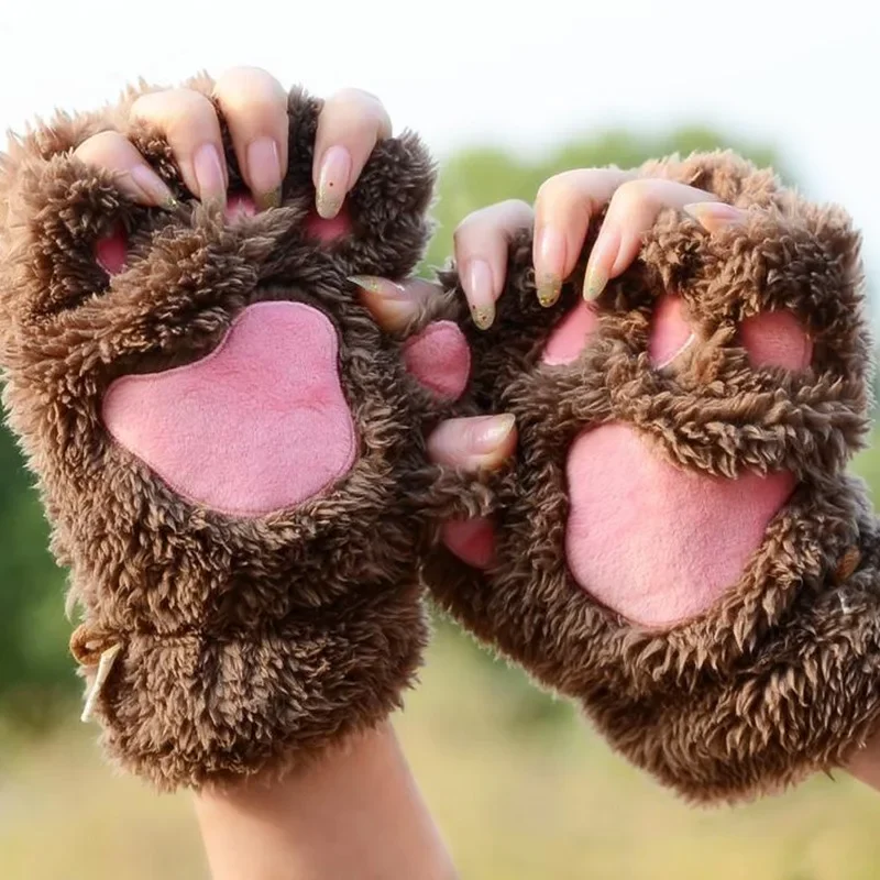 Miękkie, ciepłe, pluszowe rękawiczki bez palców Flip Half Finger Mittens Women Winter Cute Cat Paw Fluffy Glove Fashion Kawaii Accessories