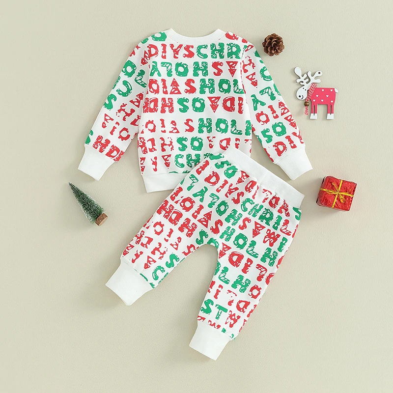 

Baby Pants Set Letters Print Long Sleeve Crew Neck Sweatshirt with Elastic Waist Sweatpants Christmas Outfit for Girls Boys