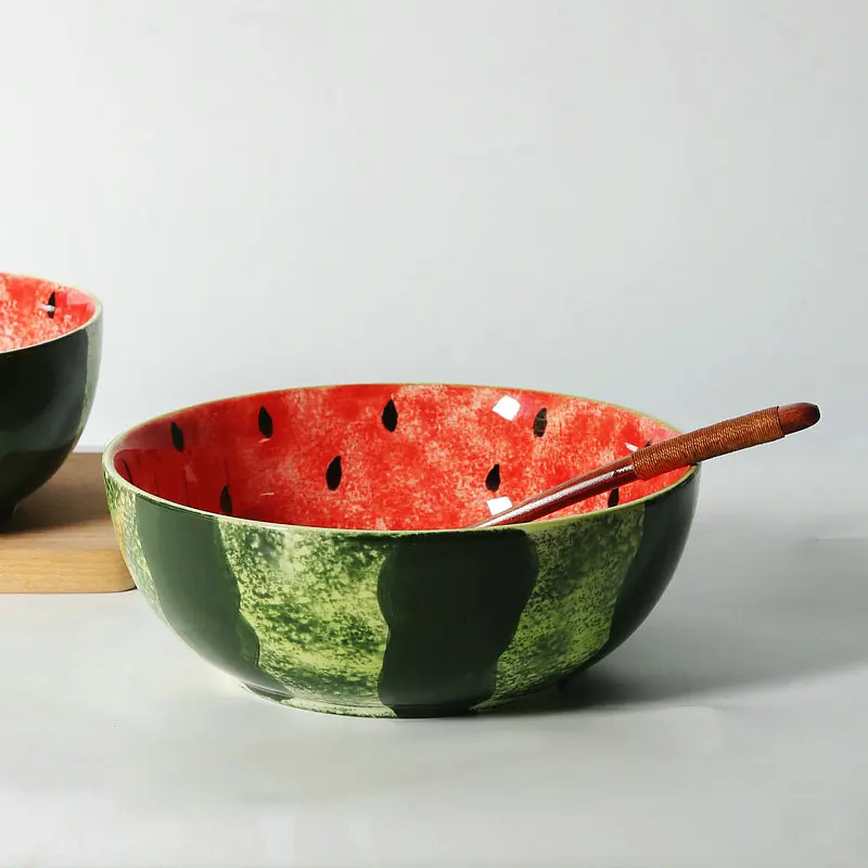 Ceramic Hand-painted Watermelon Bubble Bowl Simplicity Household Underglaze Color Spiral River Noodle Bowl Small Fresh Deep Dish