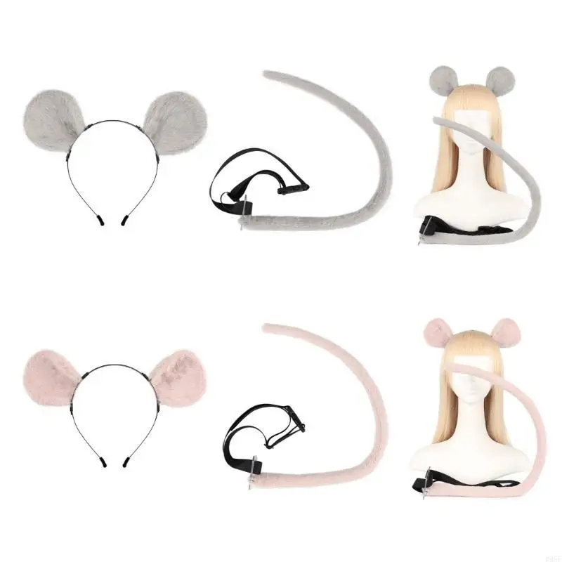 

B95F Mouse Wolf Animal Cosplay Costume Ears Tail Set Mouse Ear Headband with Tail