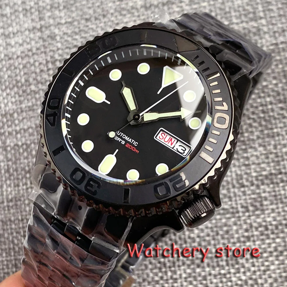 

41mm Tandorio PVD Men's Watches Domed Sapphire Glass NH36 Automatic Movement 200m Waterproof 120 Clicks Black Green Luminous