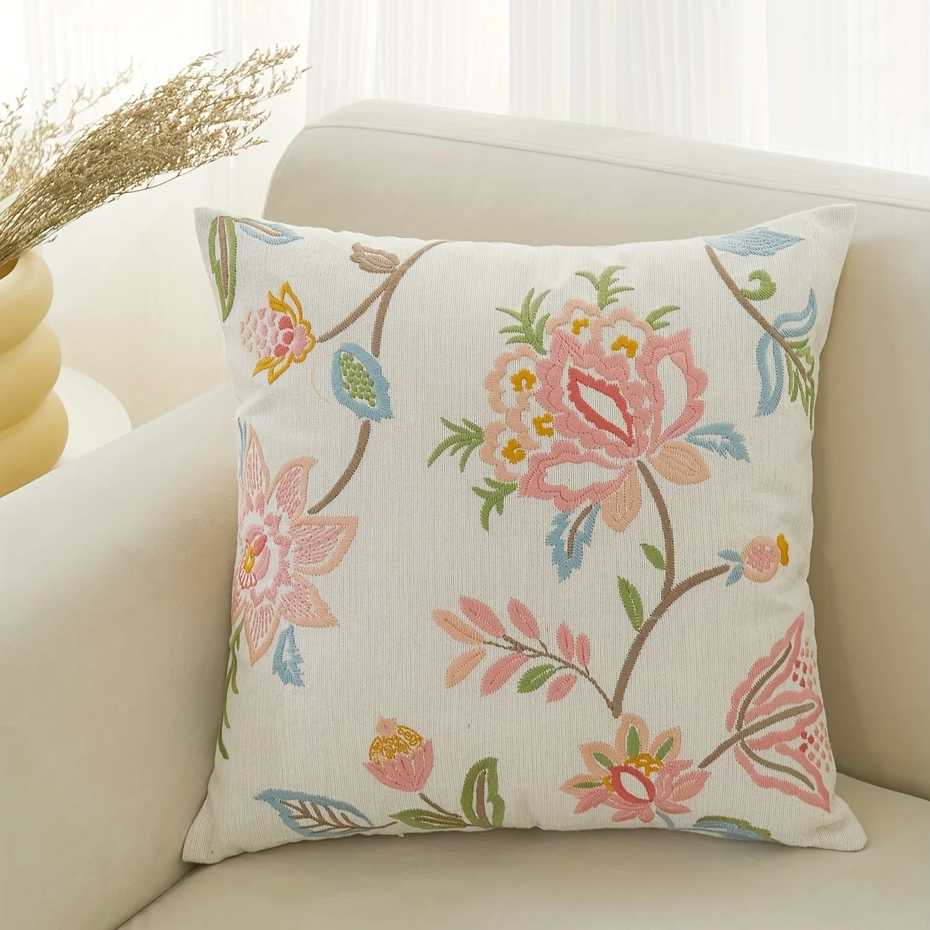 Boho Floral Print Throw Pillow Cover, Pastel Pink Green Botanical Faux Embroidery Style Decorative Cushion for Living Room Sofa