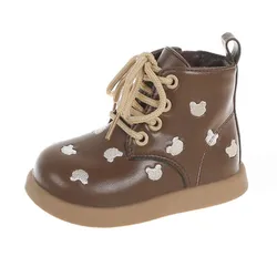 2023 new Girls' soft sole Ankle Boots 1-6 Year Old Zipper Children's Leather Shoe Baby kids Lace up Cute Little Bear Single Boot