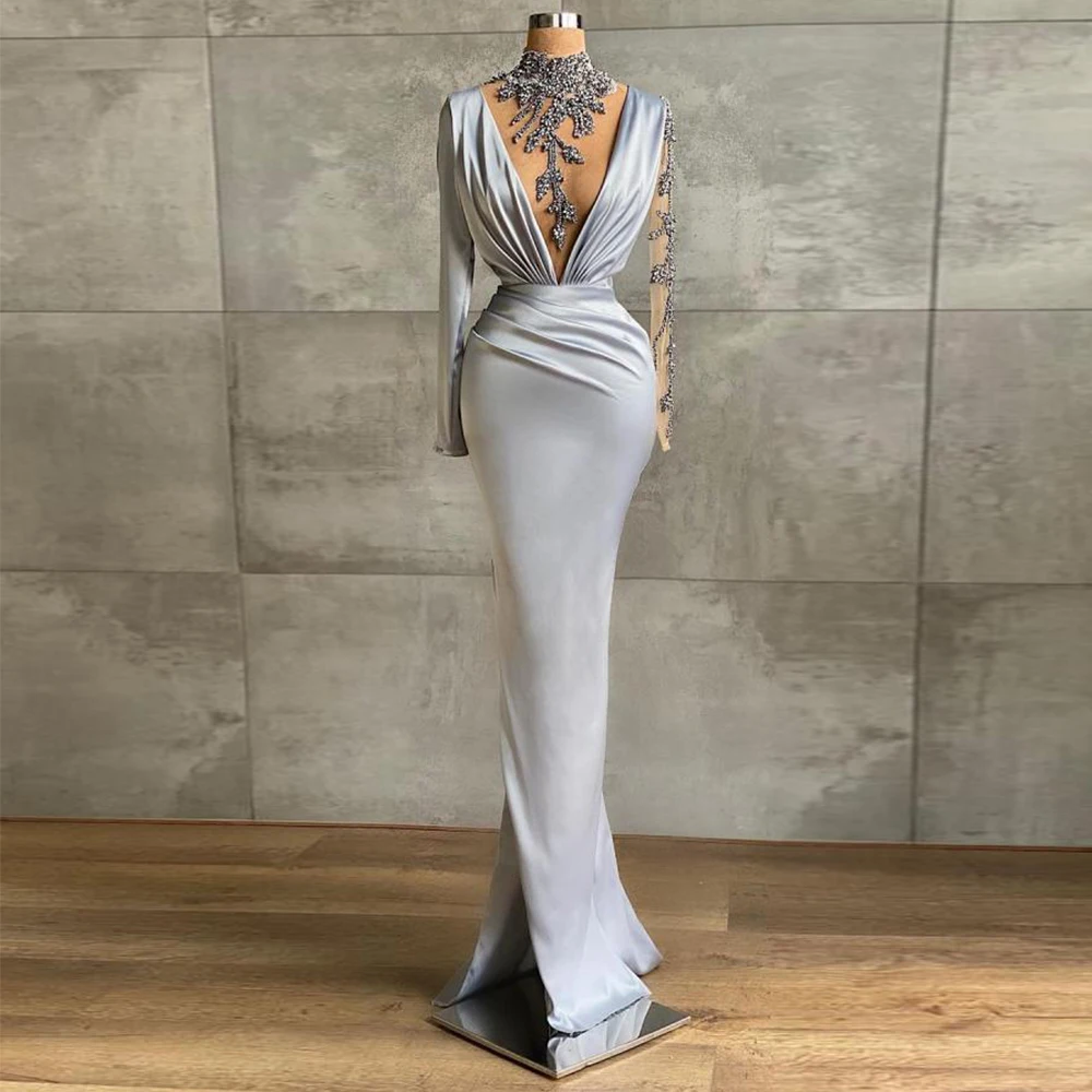 

Grey Fishtail Evening Dresses For Women Sexy Deep V-Neck Satin Pleated Long Sleeve Beaded Prom Gowns Formal Party Robe De Soirée