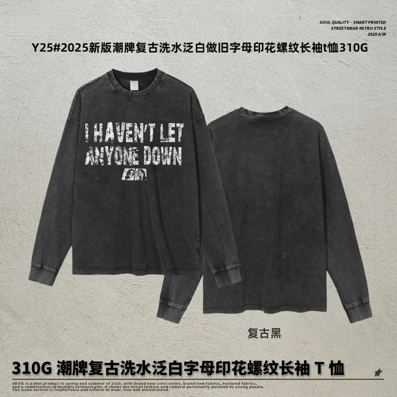 

【Mirrordust】Heavy310GRetro Washed Vintage Letter Print Ribbed Long SleevetT-shirt