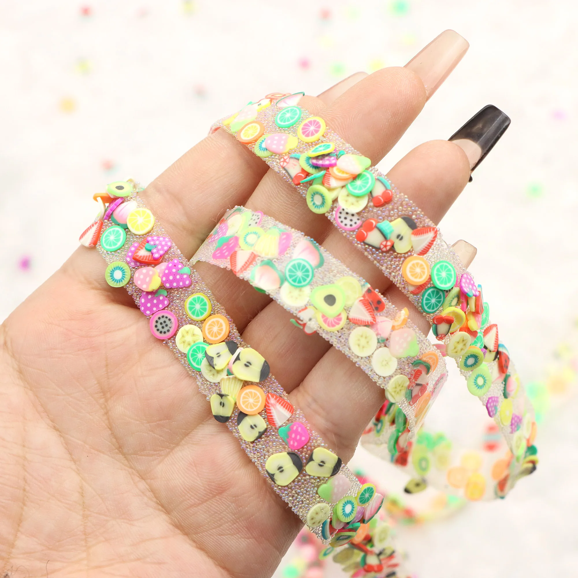 1.2cm Colorful Fruits Polymer Clay Slice Self-Adhesive Strip for DIY Crafts Bags Hats Embellishments Jewelry Making