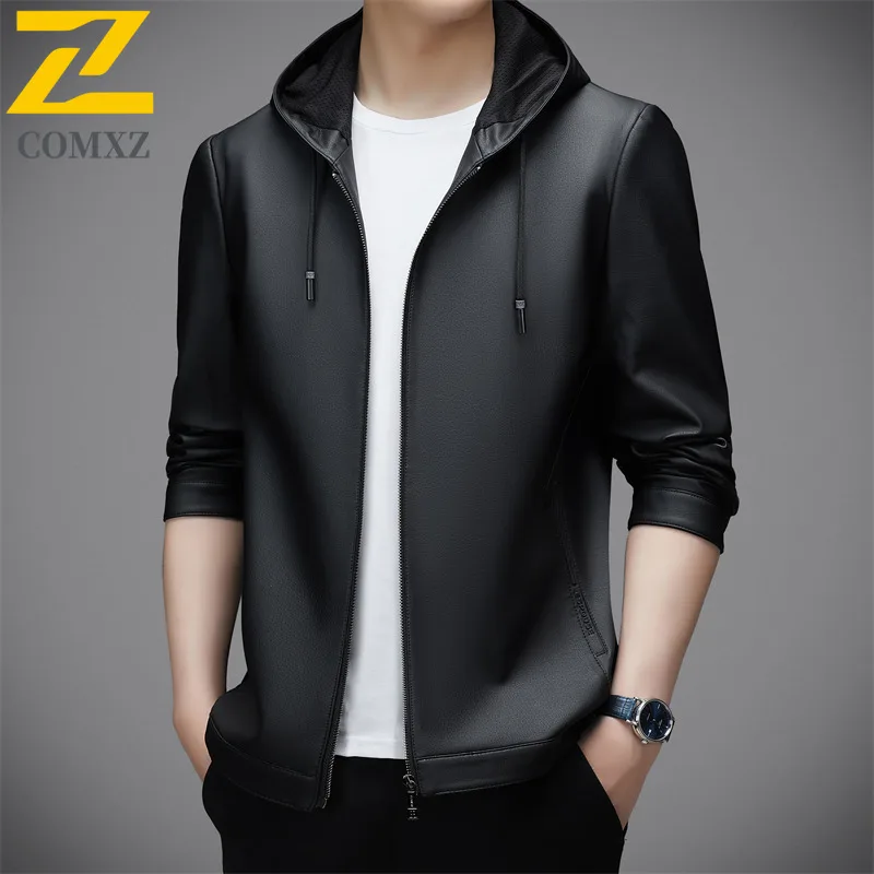 Mens Leather Jacket 2025 Autumn New Light Luxury Hooded Leather Coat Business Casual Stylish Wear Premium Quality Jackets