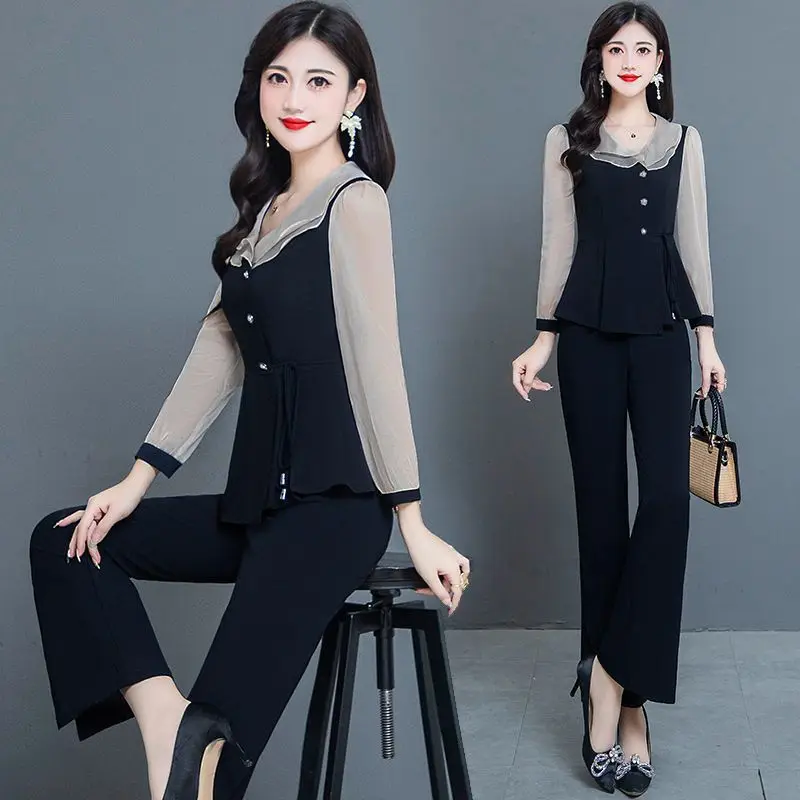 Fashion Pants Sets For Women 2024 Spring New Office Lady Ruffled Collar Patchwork 2 Pieces Pantsuits Female Costume Outfits