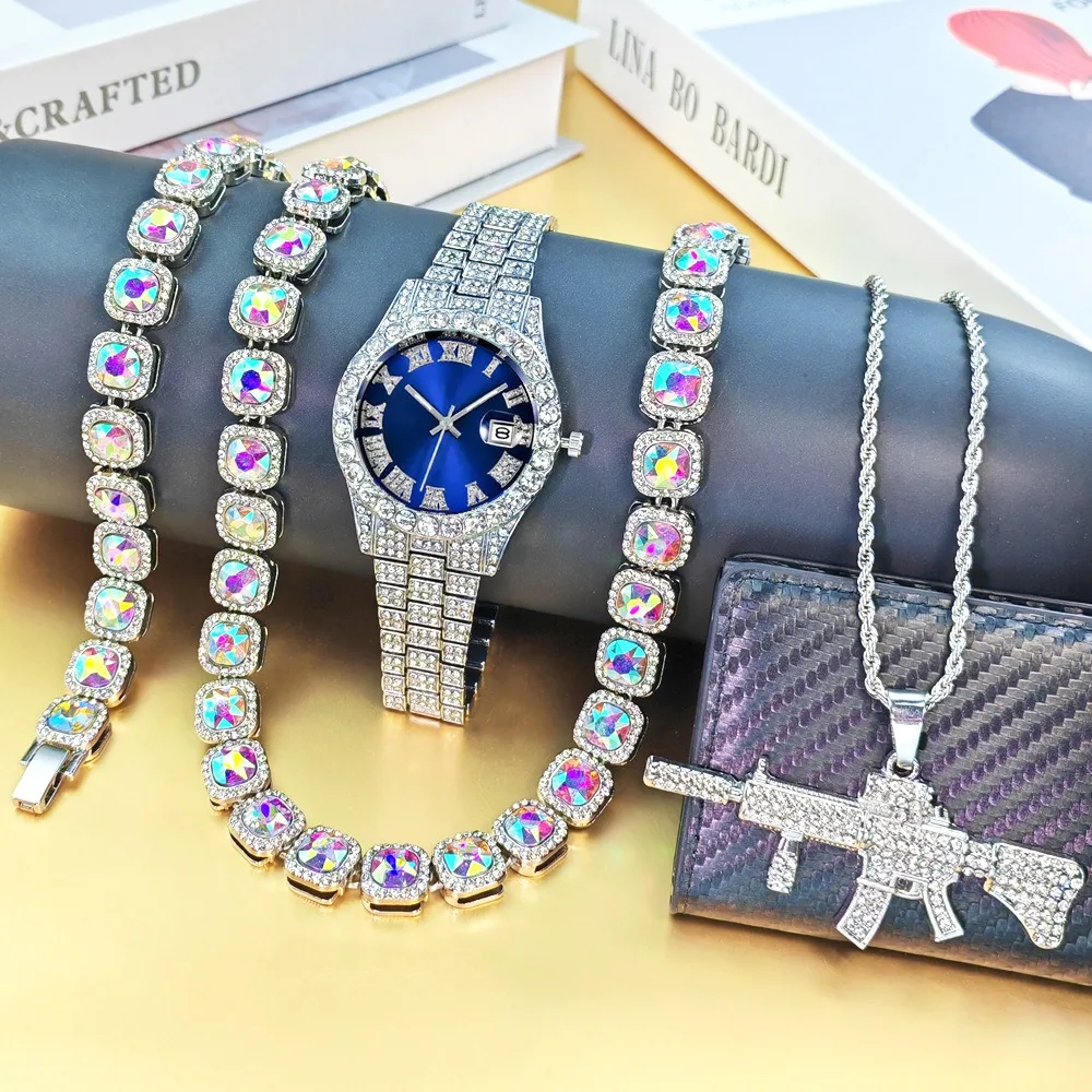 

Iced Out Мужские часы с ожерельем и браслетом, комплект в стиле хип-хоп, мужские наручные часы, кубинская цепочка, модный комплект ювелирных изделий, Relojes