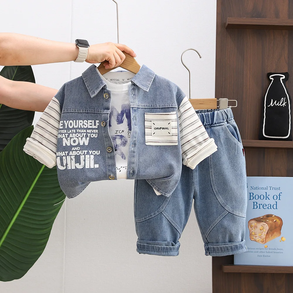 Kids Fall Clothing 2026 Spring Autumn Baby Boy Clothes Striped Letter Denim Coat + White T-shirt + Pants 3 Piece Boys Outfut Set